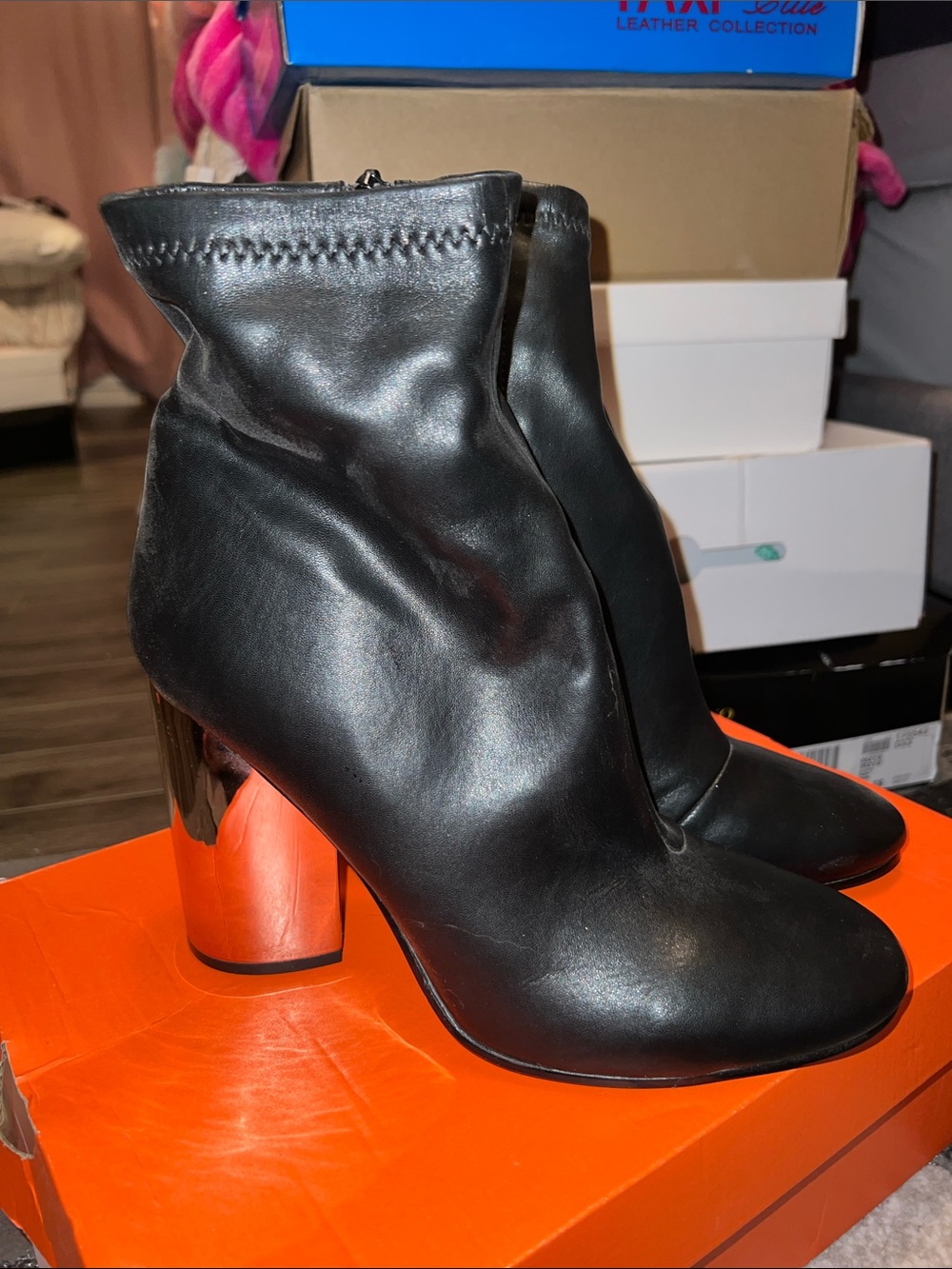 Aldo Black Leather Ankle Boots with Metallic Block Heel